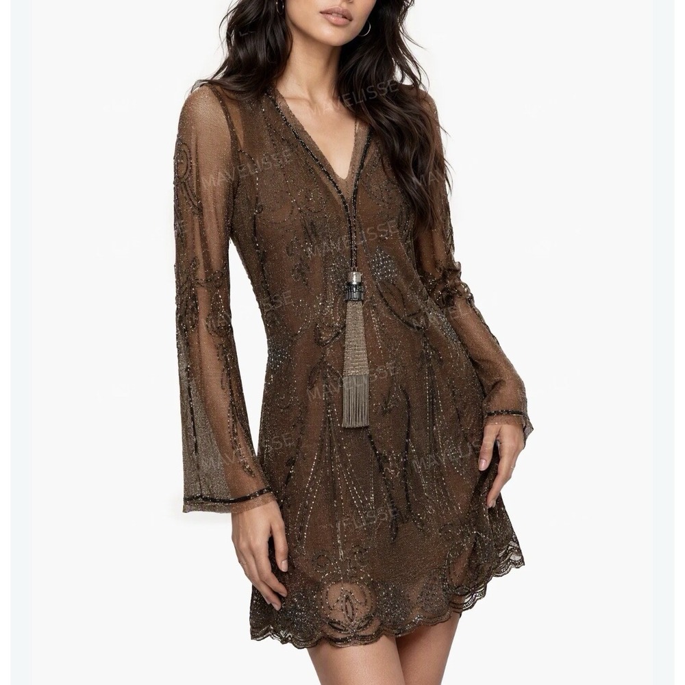 zara embroidered dress ZW Collection, Brown Size M Brown Mini Dress Beaded